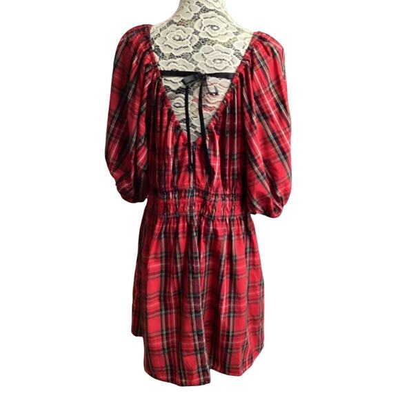 Old Navy Waist-Defined Red Puff-Sleeve Plaid Seersucker Mini Dress size XL - Picture 3 of 5